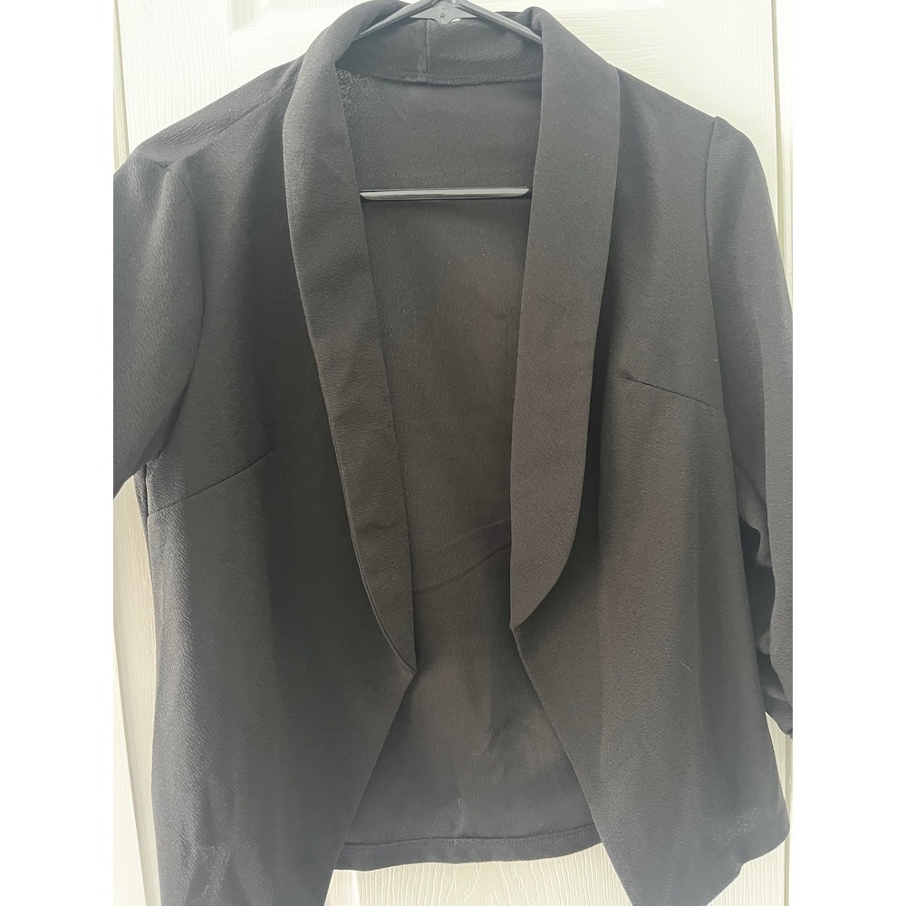 Womens‎ Black Open Front Blazer Shawl Collar Ruched 3/4 Sleeve Work Office Small - Picture 2 of 6